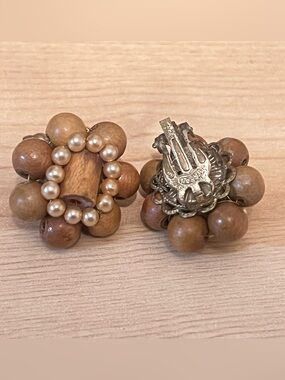 Vintage Wood Bead Clip-On Earrings with Faux Pearls - Brown